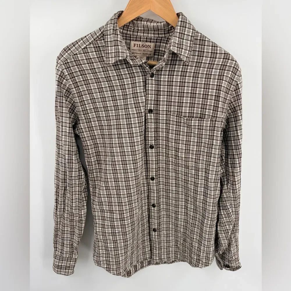 Filson men’s washed feather cloth flannel button down shirt cream brown size XS